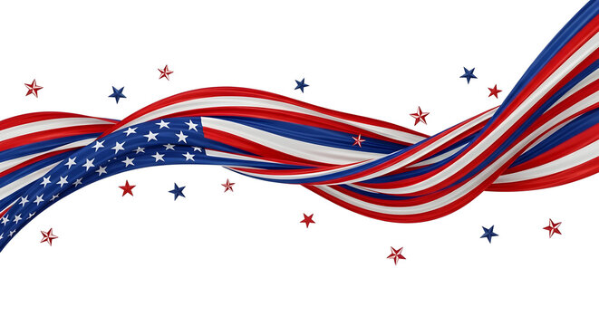 Waving patriotic red white blue ribbons and stars design, independence day