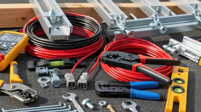 Closeup of solar panel installation tools and components arranged on a dark surface, ready for assembly