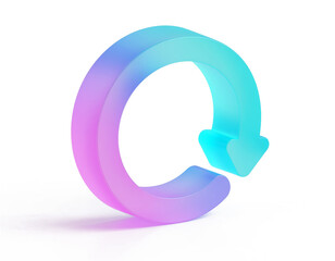 Isometric matte-glass circular arrow in pink-to-cyan gradient, translucent 3D refresh icon with soft shadow — modern UI symbol for reload, sync, update, and data refresh.