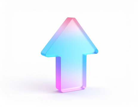 Isometric matte-glass upward arrow in pink-to-blue gradient, translucent 3D icon with soft reflections and shadow &mdash; modern symbol for growth, progress, upload, and positive direction.