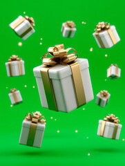 a gift box levitates on a green background