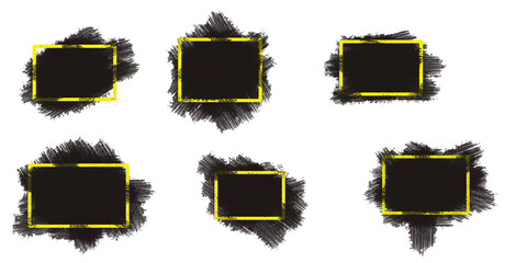 Six glowing golden square frames with subtle dark abstract shapes behind them isolated on transparent background