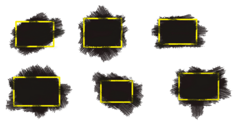 Six glowing golden square frames with subtle dark abstract shapes behind them isolated on transparent background