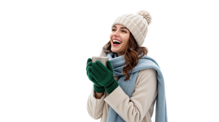 Happy Woman in Winter Clothing Holding a Coffee Mug
