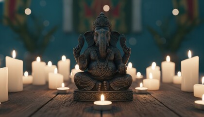 Dark ornate Ganesha statue sitting meditatively on a wooden surface surrounded by glowing candles in a serene, spiritual scene with a soft focus background and beautiful bokeh