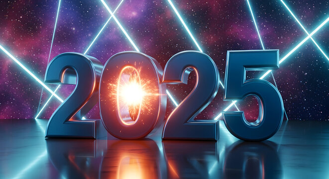 Futuristic 2025 new year celebration with bright glowing numbers and neon
