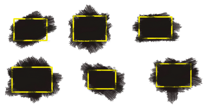 Six glowing golden square frames with subtle dark abstract shapes behind them isolated on transparent background