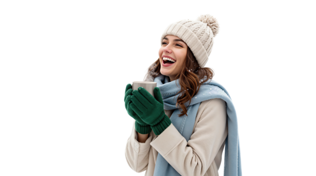 Happy Woman in Winter Clothing Holding a Coffee Mug - Powered by Adobe