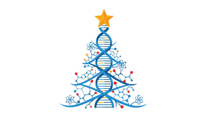 Festive DNA Christmas tree with molecules and golden star for science holiday celebrations and educational resources during winter season