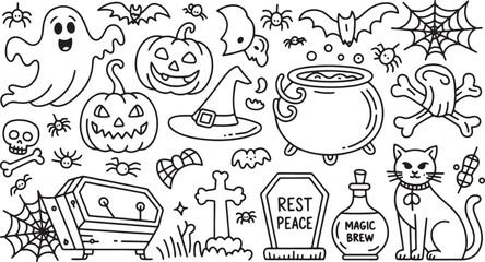 A collection of black and white line art Halloween icons and doodles.
