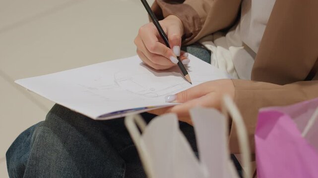 seated artist sketches trendy designs, close view of individual drawing style sketches on paper, artist seated on mall bench produces fashion concept sketches with shopping bags nearby