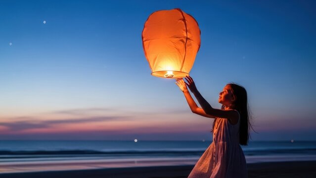 Young girl releasing glowing flying lantern at sunset on beach, creating a beautiful and peaceful scene for celebration and relaxation.