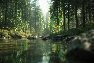 A digital forest scene, where green data streams overlay a serene, natural landscape, blending technology with nature's tranquility