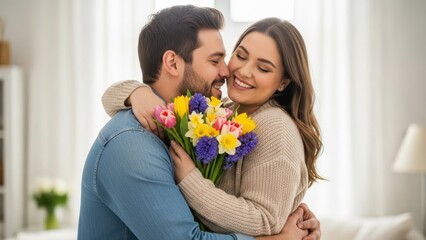 Man and woman hugging with a bouquet of colorful spring flowers. Happy couple celebrating an anniversary or special occasion. Romantic gesture for Valentines Day.