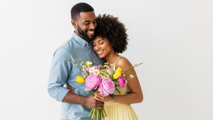 Happy african american man embracing woman holding spring flower bouquet. Romantic couple enjoying fresh blossom. Ideal for Valentine day and Mother day.