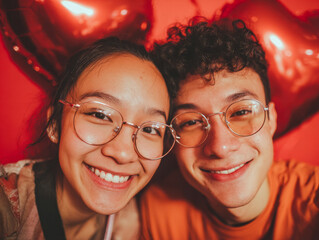 Young happy couple wearing glasses smiling together with heart-shaped balloons in the background during a vibrant celebration indoors