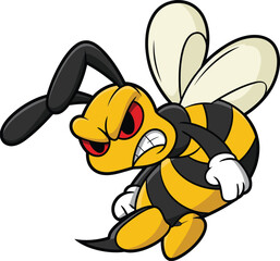 Angry cartoon bee mascot character flying aggressively with fierce expression bold colors dynamic pose perfect for sports logos branding and illustrations