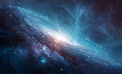 Spiral galaxy in bright space background. Colorful blue Universe. Space landscape. Sci-fi space wallpaper. Created with generative AI