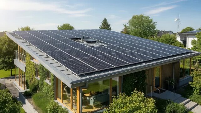 Modern house with solar panels on the roof and a small wind turbine in the background on a sunny day