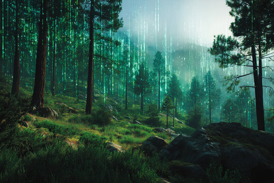 A digital forest scene, where green data streams overlay a serene, natural landscape, blending technology with nature's tranquility