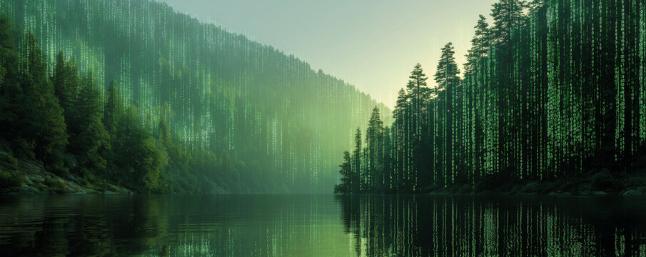 A digital forest scene, where green data streams overlay a serene, natural landscape, blending technology with nature's tranquility