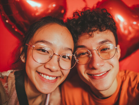 Young happy couple wearing glasses smiling together with heart-shaped balloons in the background during a vibrant celebration indoors - Powered by Adobe