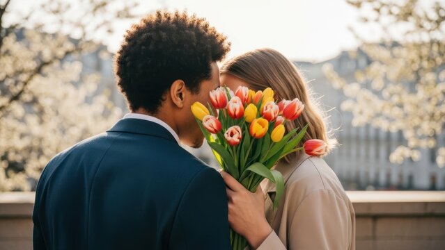 Man and woman sharing tender moment with bunch of tulips masking their faces. Couple showing love and affection for Valentines day. Romantic spring outdoor date. - Powered by Adobe
