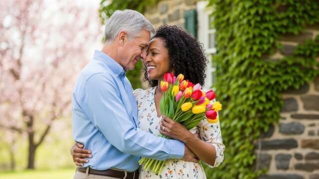 Smiling older man and woman hugging with tulips. Happy senior couple celebrating love with spring flower bouquet. Romantic relationship and anniversary concept.