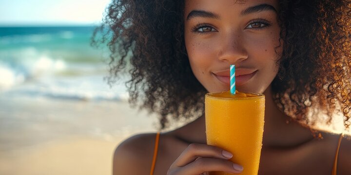 Young woman enjoying tropical fruit smoothie on beach - Powered by Adobe