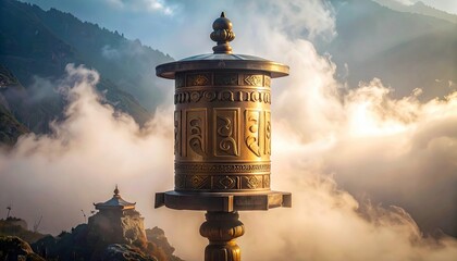 A golden prayer wheel stands prominently against a backdrop of mountains and clouds, bathed in sunlight, evoking a sense of tranquility and spirituality.