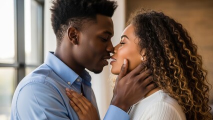 African man and woman kissing expressing affection and intimacy. Romantic moment symbolizing love and happiness for Valentines Day.