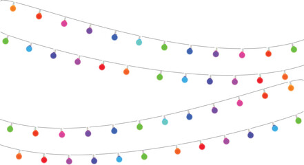 multicolored glowing bulbs isolated on transparent background. Festive holiday light string decoration