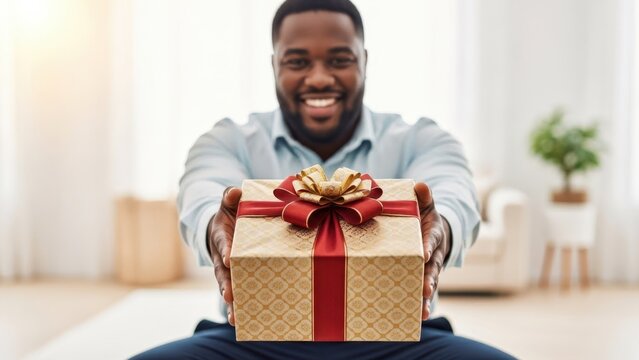 Smiling african american man presenting a gift box with a red and gold ribbon. Joyful celebration and appreciation gesture for Holiday season. - Powered by Adobe