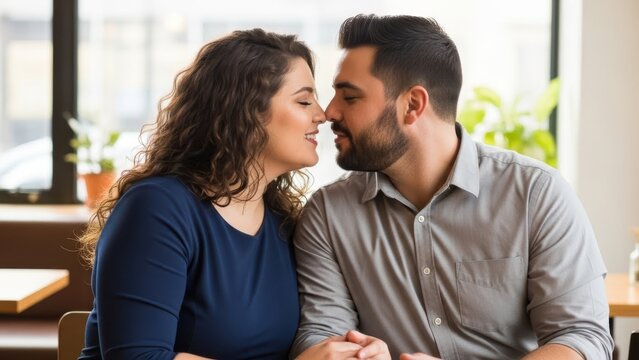 Happy young woman and man nuzzling noses tenderly at a cafe. Romantic couple connecting with intimacy and affection for Valentine s day.