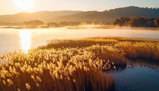 A scenic landscape featuring golden reeds along a lake's edge, with misty mountains in the background, bathed in the warm light of sunrise.