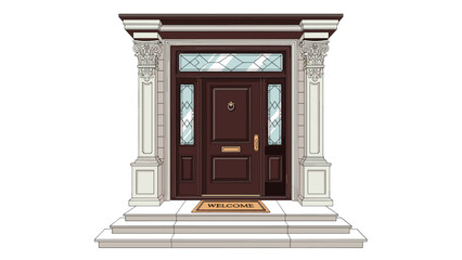 Elegant home entrance with welcome mat invites visitors to a beautiful brown door with ornate columns for welcoming curb appeal