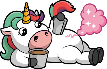 Funny cartoon unicorn relaxing with two coffee cups and magical rainbow fart humorous cute character perfect for playful designs and illustrations