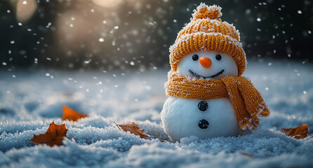 Smiling Snowman with Hat and Scarf at Sunset