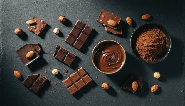 Dark and milk chocolate pieces with almonds and hazelnuts, melted chocolate spread, and cocoa powder in bowls arranged in a gourmet flat lay on a dark slate background