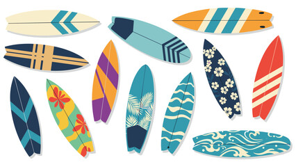 Vibrant surfboards collection ready for summer adventures and beach fun in the sun, perfect for a retro beach vibe with a splash of color