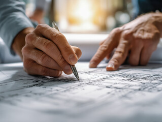 Experienced architect reviewing and marking construction blueprints with precision and focus during a bright morning planning session at the office desk