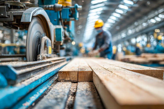 Industrial woodworking factory with machinery cutting wooden planks and a worker wearing safety gear in a spacious manufacturing facility environment