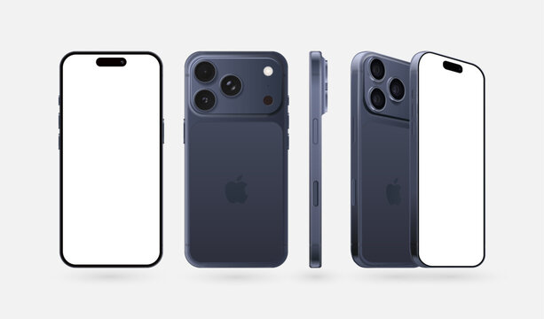 Set of Smart phone Apple iPhone 17 Pro, Pro Max in different sides, in official Deep Blue