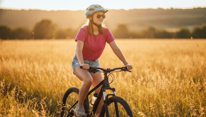 Happy young woman wearing a helmet and sunglasses rides her bicycle across a sunlit meadow with tall grass during a scenic golden hour sunset