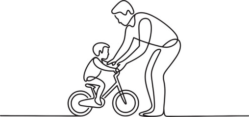 Continuous one-line drawing of an adult teaching child to ride bike