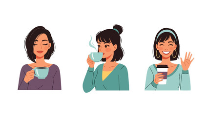 Cute flat vector sticker set of a woman drinking coffee in multiple poses, ideal for planners, lifestyle designs, and cozy daily routine collections