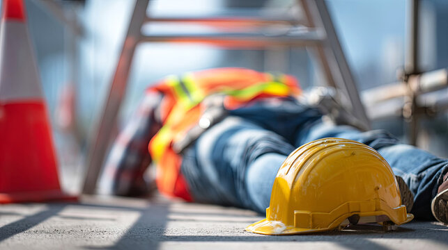 Construction worker in safety gear lying on ground near yellow hard hat, surrounded by safety cones, illustrating workplace safety hazards and the importance of protective equipment