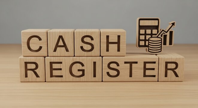 Cash register with calculator and upward arrow on wooden background