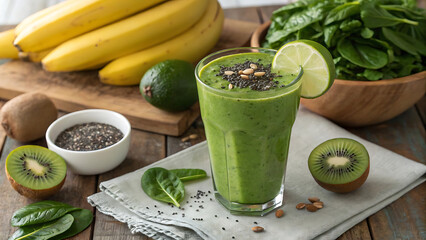 Healthy green smoothie with banana and kiwi