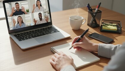 Person writing notes in a spiral notebook during an online video conference call with a diverse business team waving from the laptop screen on a wooden desk